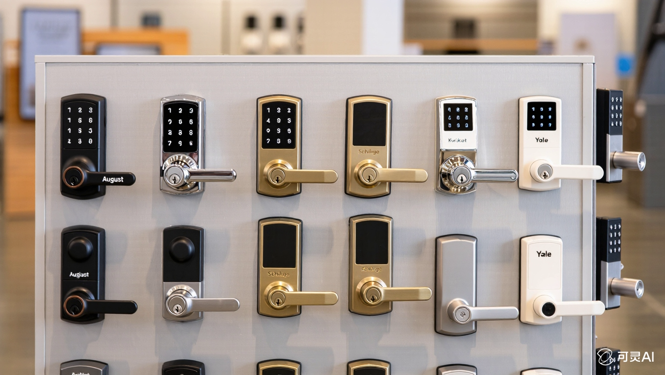 Top Smart Lock Manufacturers in the USA A collection of different smart locks on a display wall